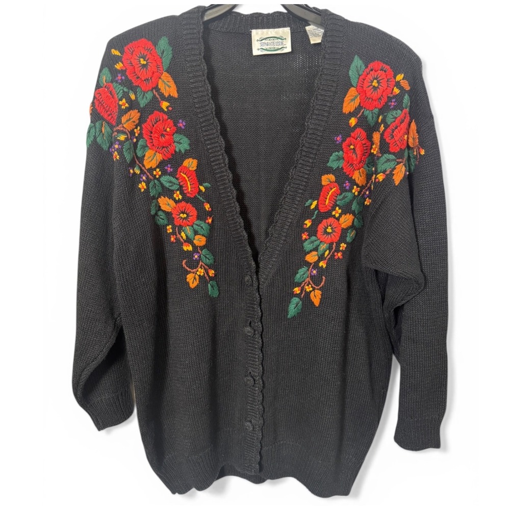 Separate Issue Vintage Black Floral Embroidered Cardigan Sweater Ramie Cotton M‎